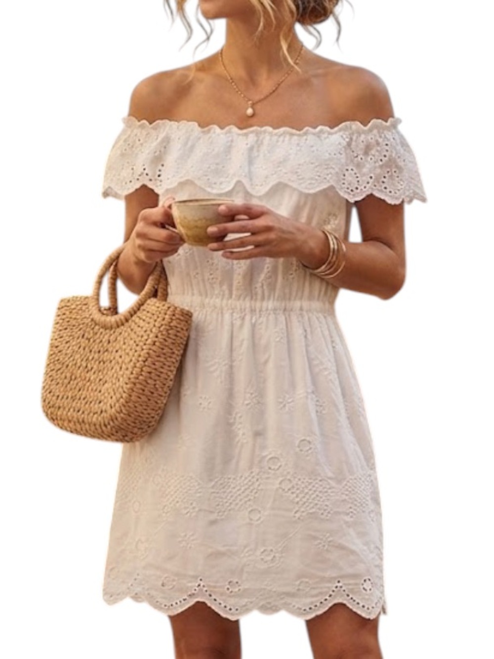 SPICY SUGAR Bohemian Resortwear Y2K Ivory Off-The-Shoulder Crochet Dress Small